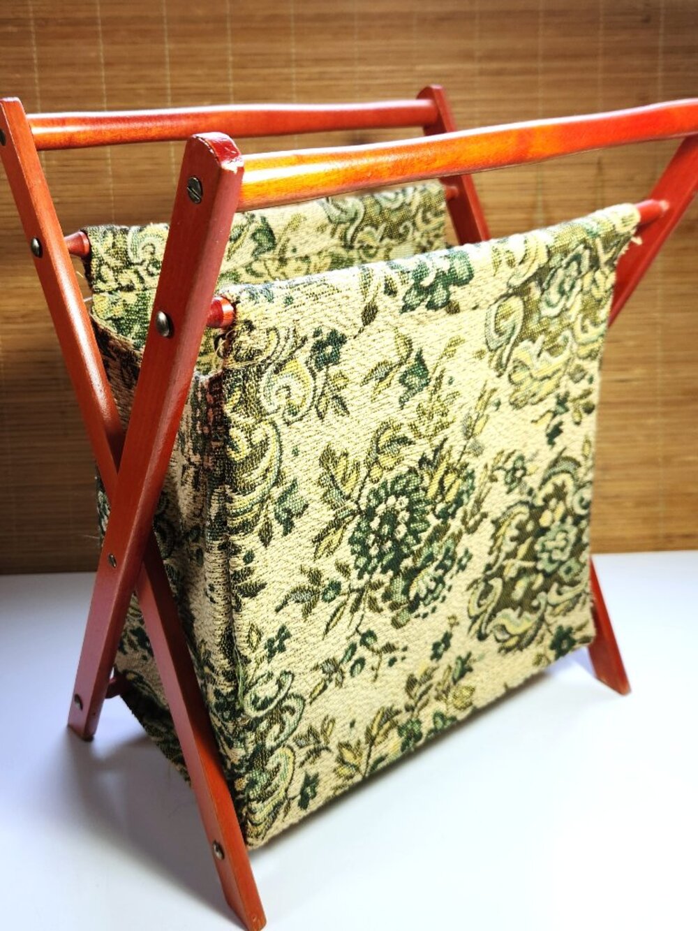 Vintage Sewing Basket Folding Wooden Magazine Rack Floral Tapestry Caddy MCM